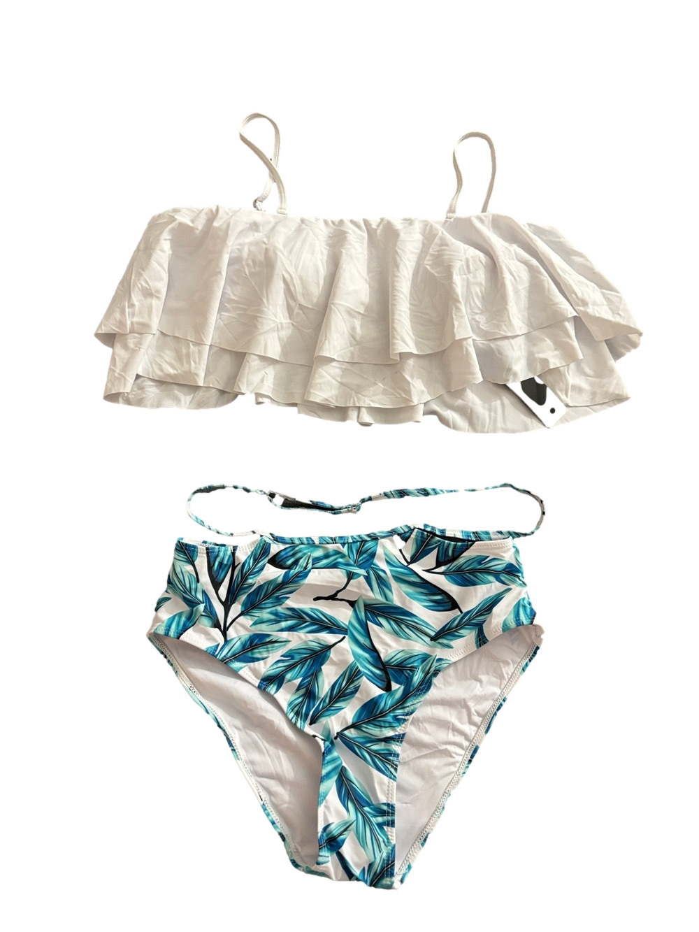 Tempt Me White Ruffle Bikini Blue Palm Leaf Bottoms Women’s M NWT
